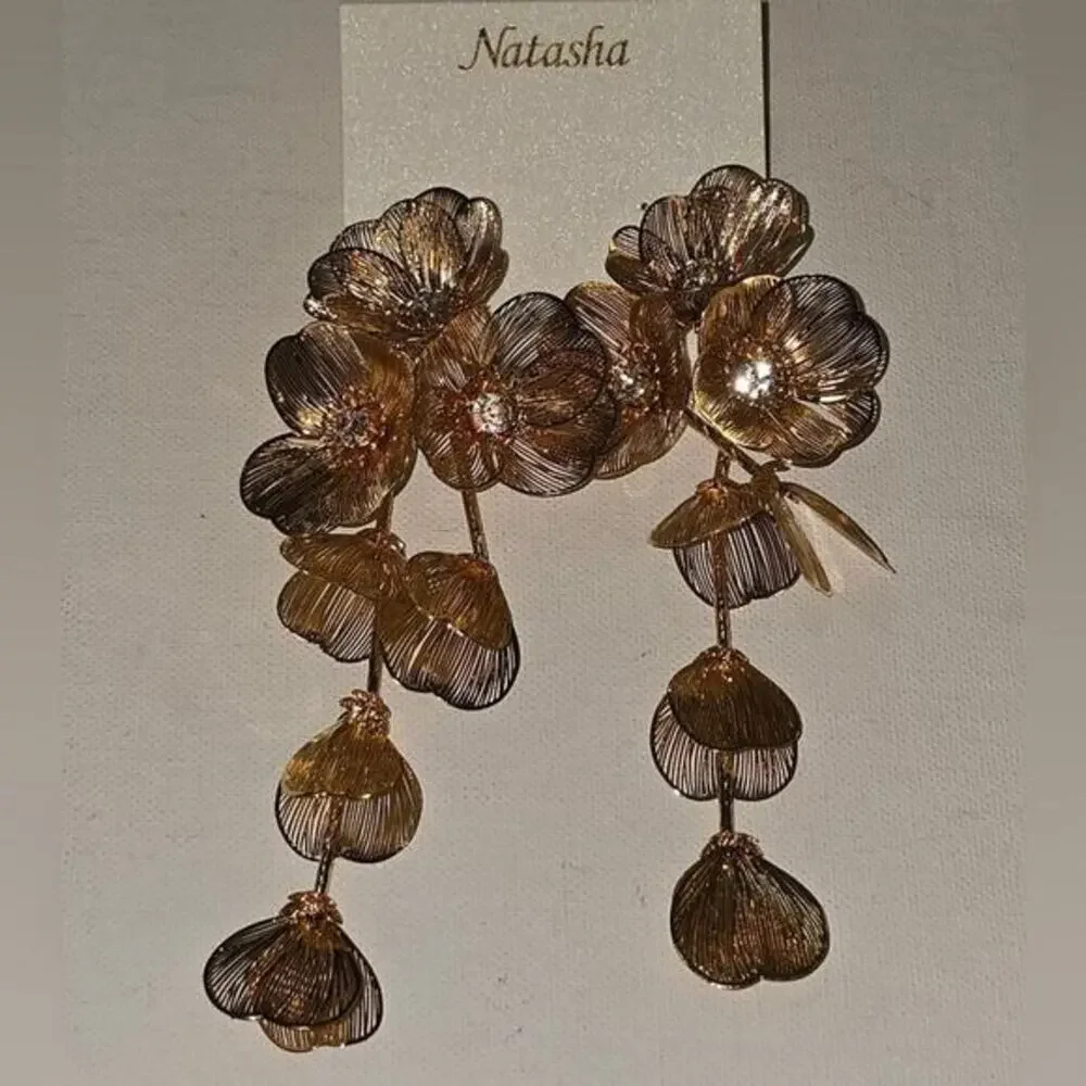 Natasha Gold Floral Drop Earrings Crystal Mesh Flower‎ Statement Chandelier 4.5